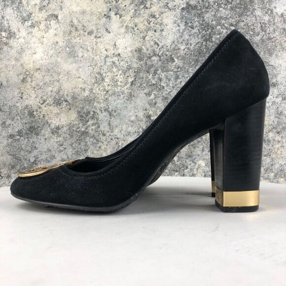 Tory Burch Women's Size 11M Maddie Black Suede Gold Tone Logo High Heel Pumps - Picture 7 of 16